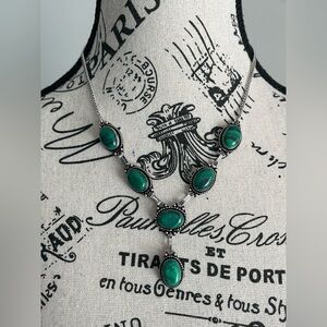 Vintage 90s Malachite Green Stone Y Drop Necklace Silver Tone Statement
